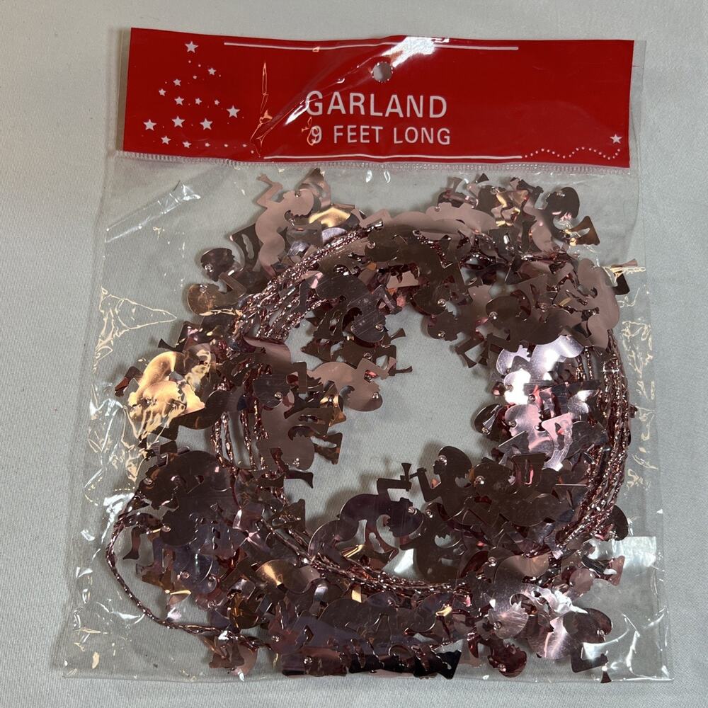 Vintage Pink Foil Angel Cherub Garland 9 Ft Total Wired Christmas Taiwan NOS